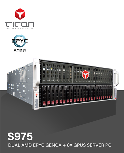 Titan S975 - Dual 4th Gen AMD Epyc Genoa CPUs + 8x GPUs Server PC for AI / Deep Learning HPC up to 196 Cores - SuperMicro 4125GS-TNRT